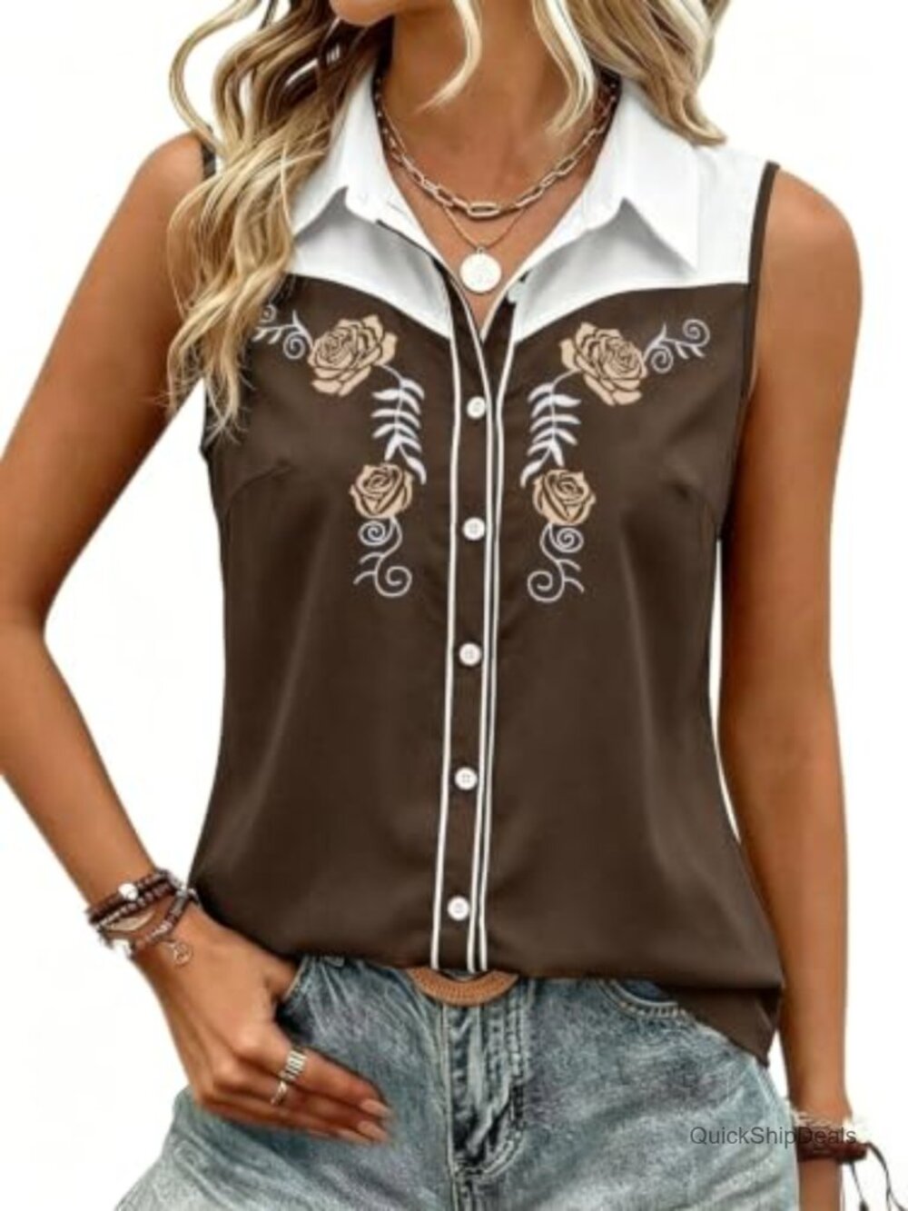 Sleeveless Button Down Western Tank Top Cowgirl Rodeo Shirt